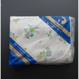 VTG Combed Percale by Springmaid Double TOP FLAT Sheet White Blue‎ Floral NOS